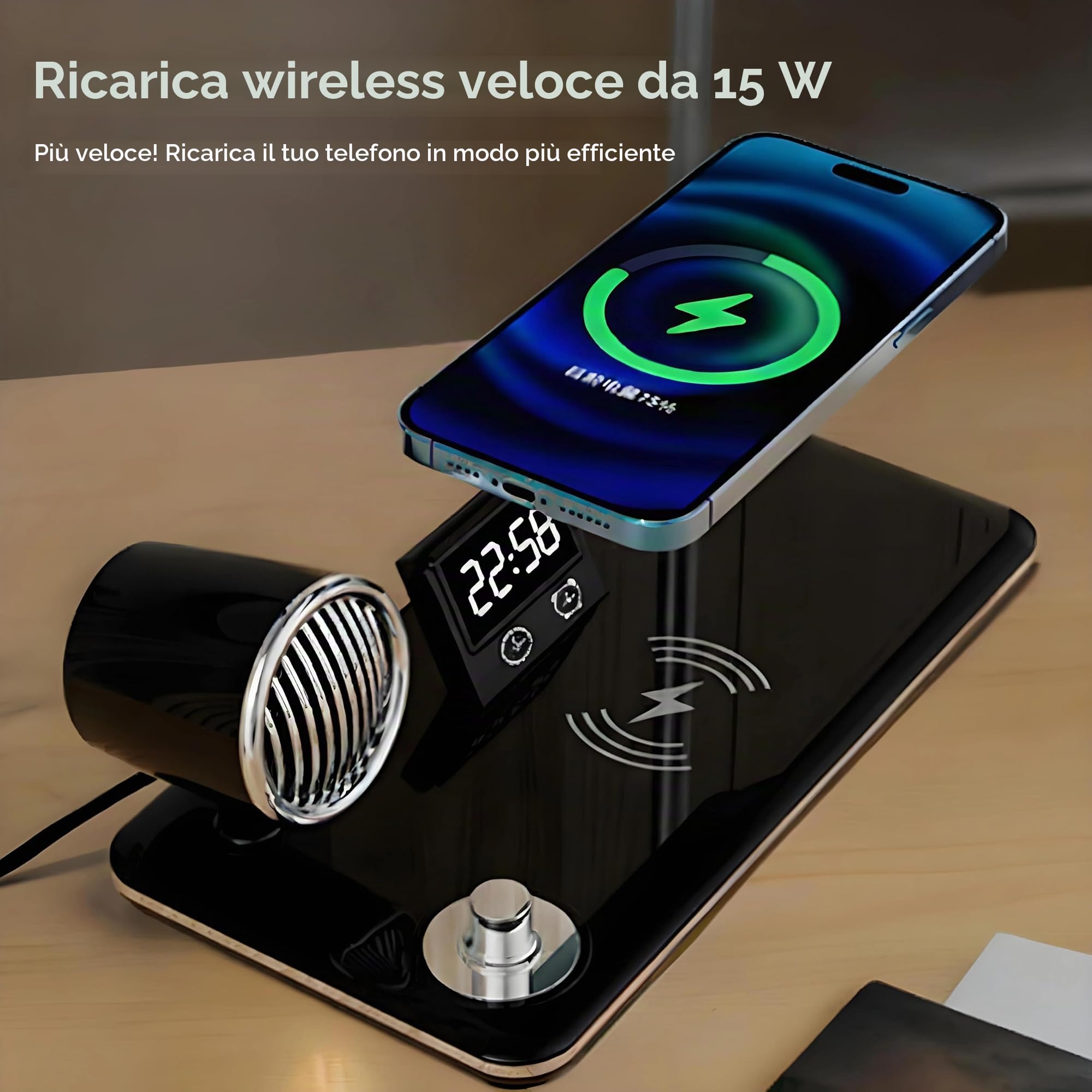 Lampada da Scrivania LED con Ricarica Wireless 15W, 500 LUX | Lampada da Tavolo Ufficio, Cassa Bluetooth e Sveglia, Braccio Flessibile, USB per Studio, Lettura, lavoro, Nero