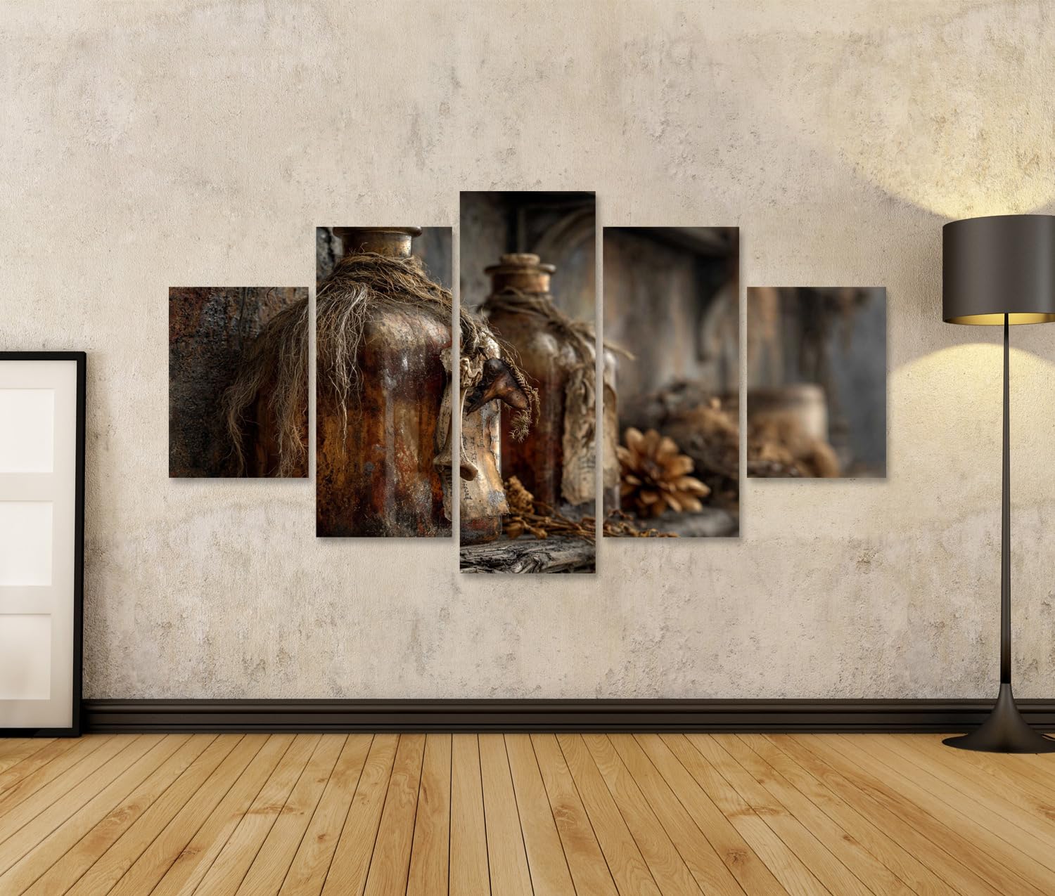 islandburner Bild auf Leinwand Mystischer Vintage-Flaschenstillleben Kunstdruck Wohnzimmer Für Sammler - 5-teilig