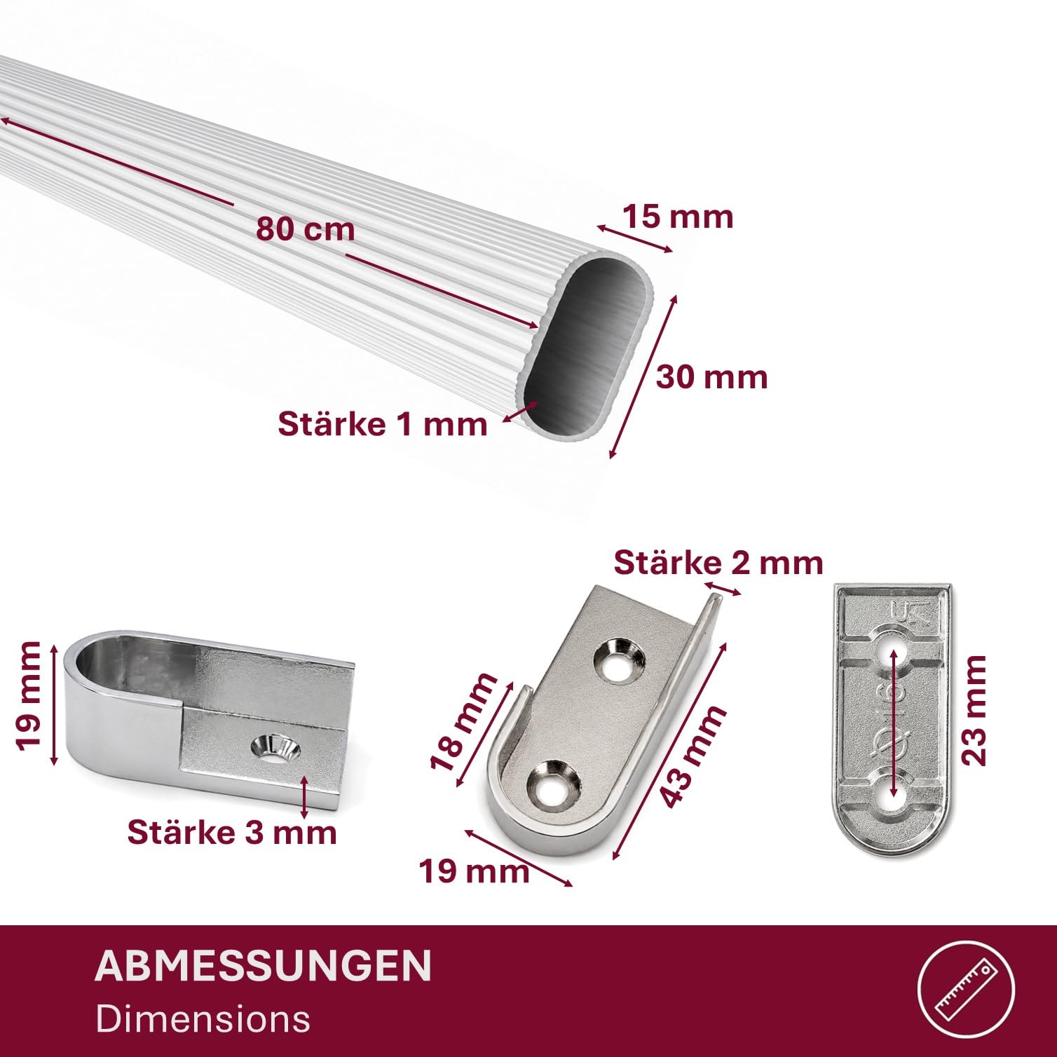 Kleiderstange für Schrank Oval 80 cm [SCHRANK- & WANDMONTAGE] Set inkl. Halter – Schrankrohr aus Aluminium als Schrankstange & Garderobenstange für Kleiderschränke – Silber