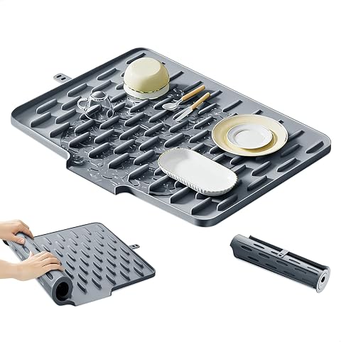 Tappetino Scolapiatti Silicone con Uscita di Scarico,40 X 30 cm Tappetino Lavello Cucina, Tappeto Scolapiatti Cucina,Resistente al Calore, Antiscivolo, Pieghevole e Riponibile,Senza BPA (Grigio)