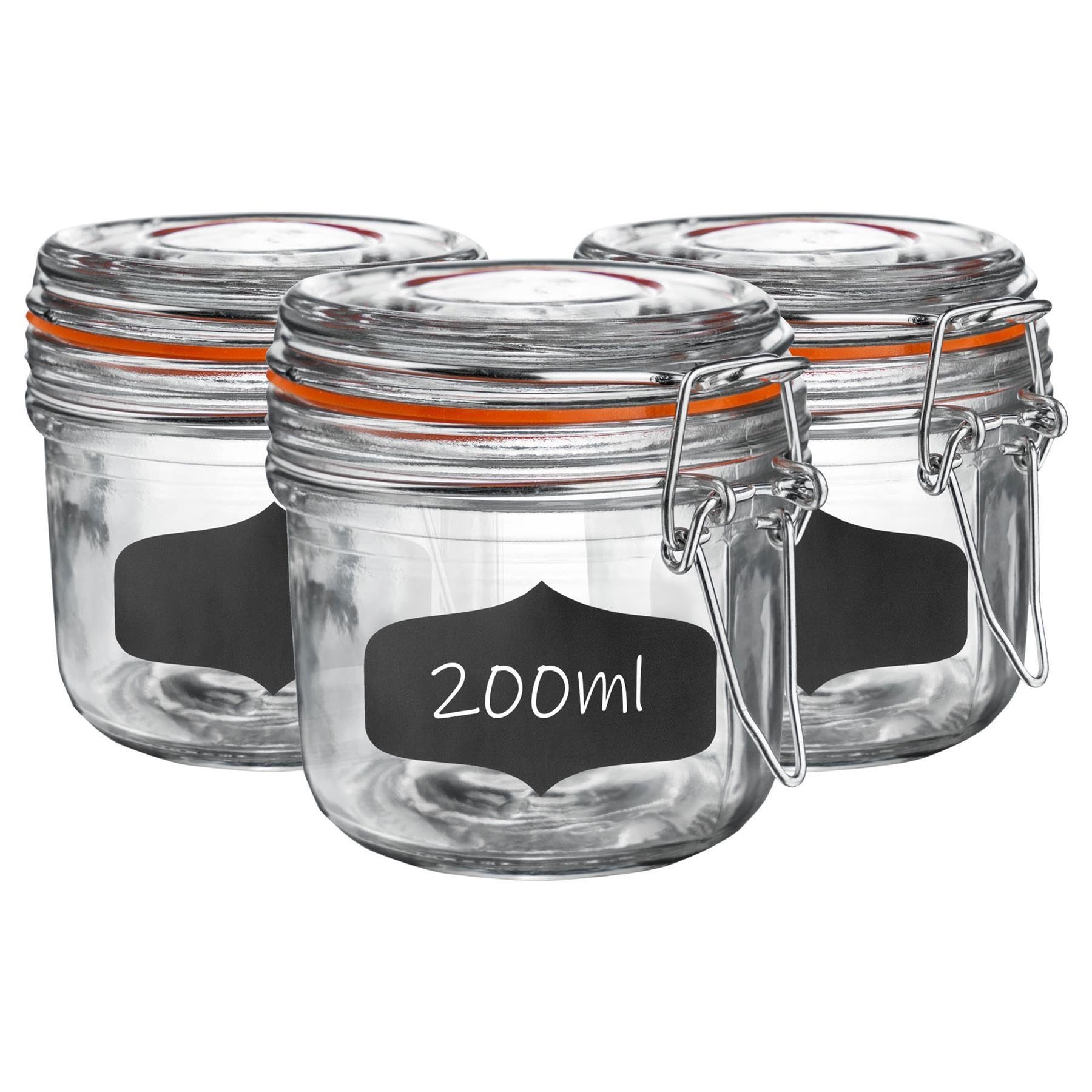 Argon Tableware Clear Glass Jars With Airtight Metal Clip Lid & Chalkboard Stickers - 200Ml/6.7Oz - 6 Pack - 4 Colour Seals - Kitchen Container Round Preserving Jar For Pickling, Chutney, Jam, Coffee