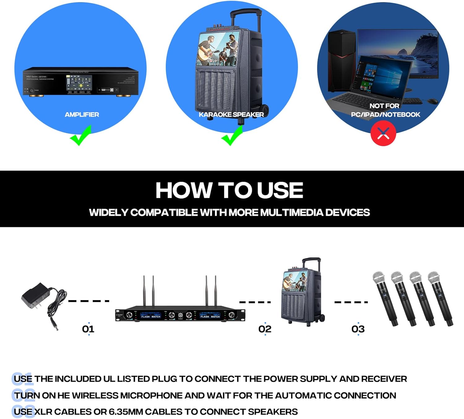 Diagram showing how to connect the G-MARK G440 receiver to a karaoke speaker or amplifier using the power supply and audio cables. Not compatible with PC/iPad/Notebook.