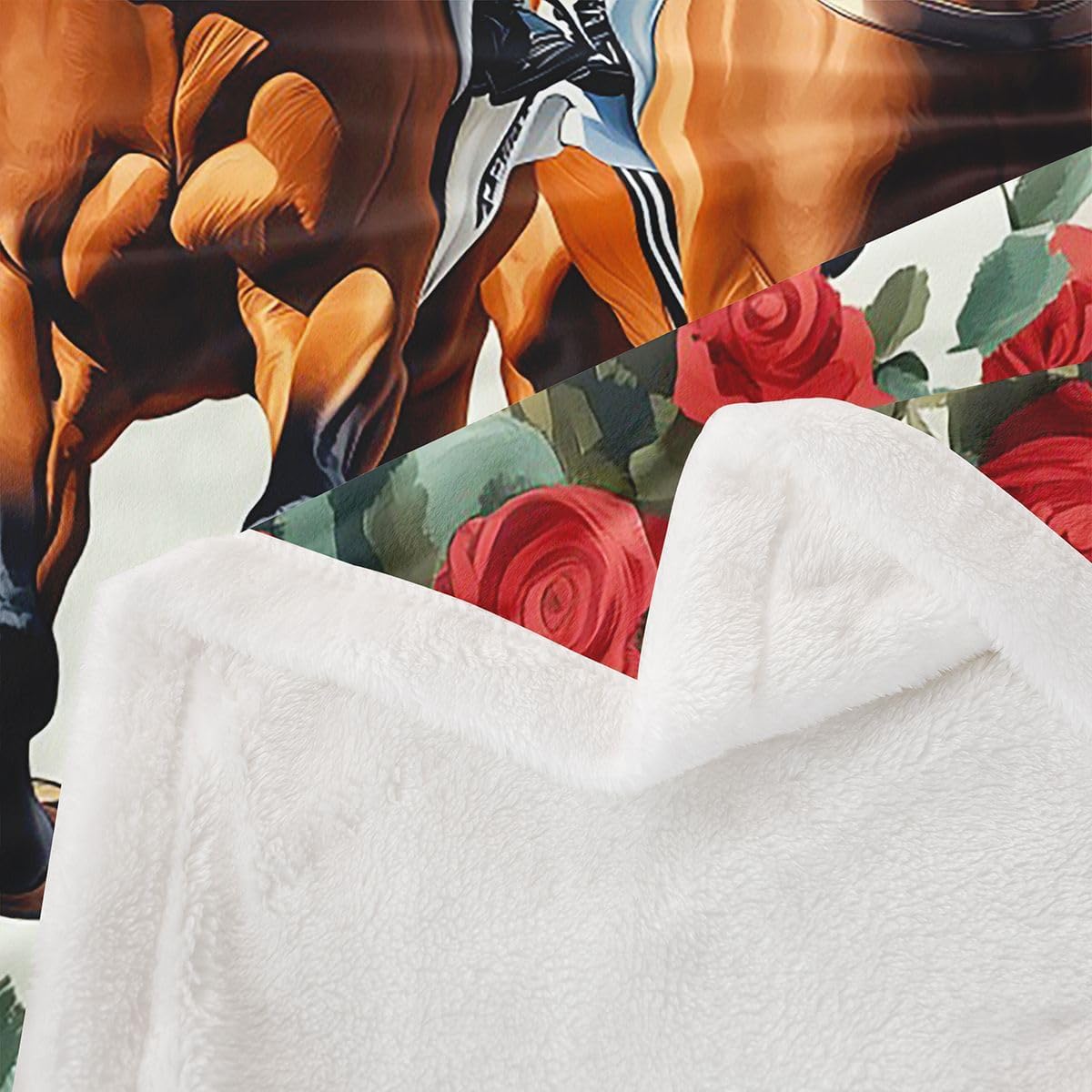 Feelyou Horse Racing Sherpa Blanket Plush Fuzzy Rose Floral Flower Fleece Throw Blanket Boys Girls Galloping Horse for Bed Couch Chair Living Room Bedroom Decor Twin 60"x80" image 3