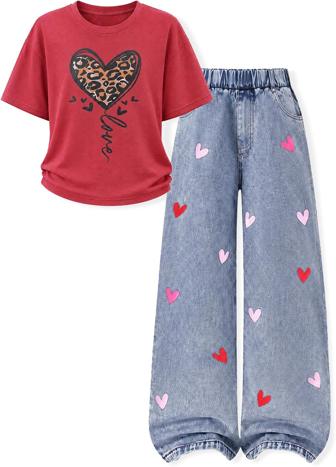 Tween Girl Clothes 2 Piece Outfit Short Sleeve + Heart Shaped Print Design Jeans Pants Spring and Fall Outfits