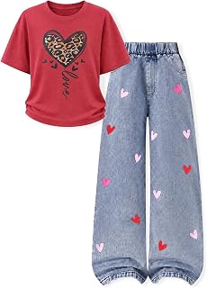 Tween Girl Clothes 2 Piece Outfit Short Sleeve + Heart Shaped Print Design Jeans Pants Spring and Fall Outfits
