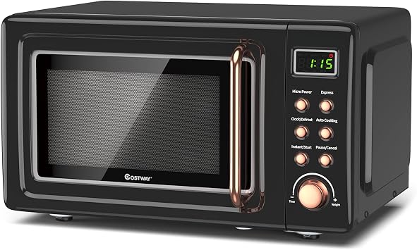 Retro Countertop Microwave Oven, Large 0.7Cu.ft, 700-Watt, Cold Rolled Steel Countertop with Time Setting, Glass Turntable Plate, Pre-Programmed Cooking Settings, LED Display, Child Lock Rose Gold
