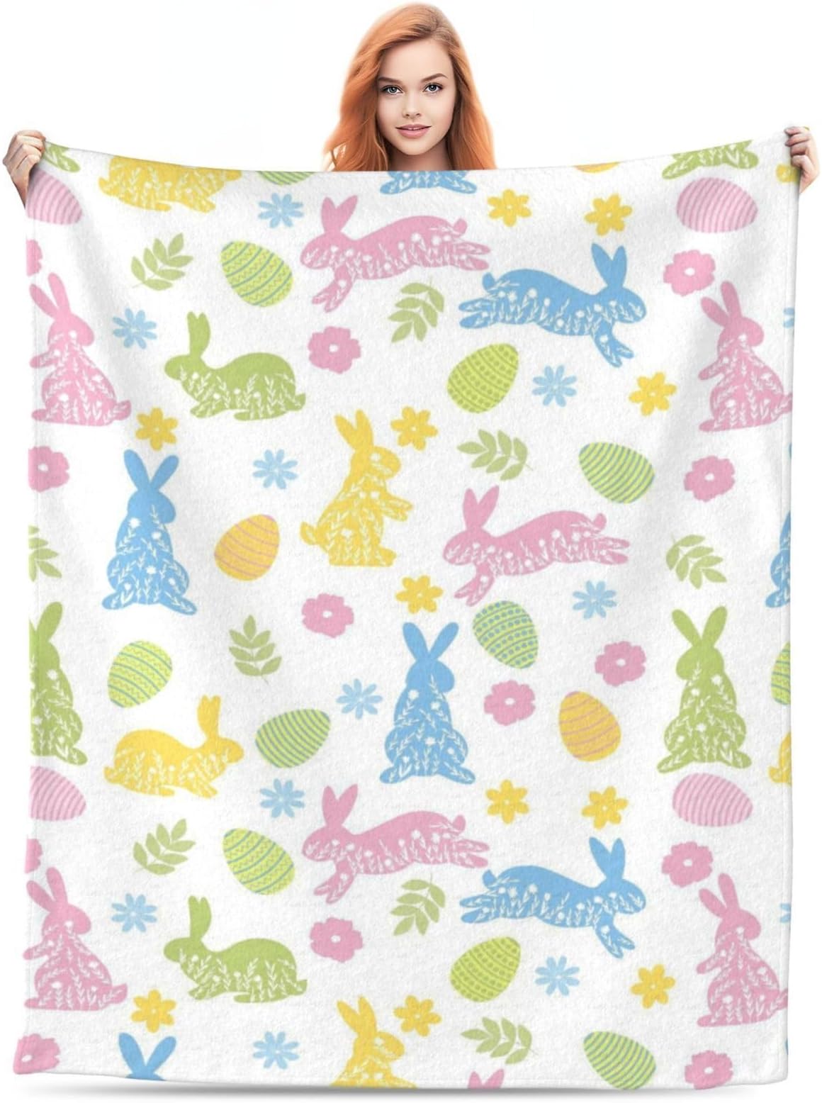 Easter Throw Blanket Colorful Cute Easter Eggs Bunny Rabbit Boho Throws Blankets Luxury Plush Soft Warm Flannel Home Spring Decor for Bed Sofa Couch Gifts for Kids Adults 50x60 in