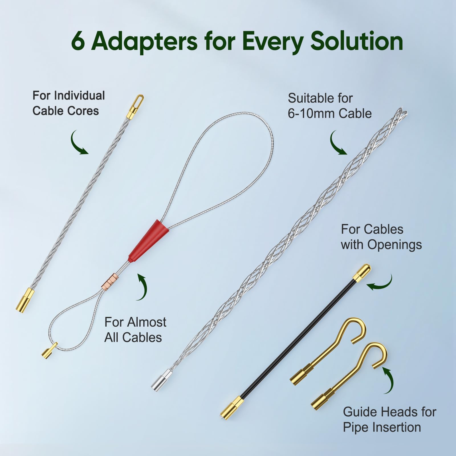 50m Guia Pasacables, 4,5mm Guia Electricista con 6 Adaptadores, Pasacables Cable Eléctrico de Poliéster, Guia Cables Espiral Ayuda de Extracción de Cables para Tirar de Cable