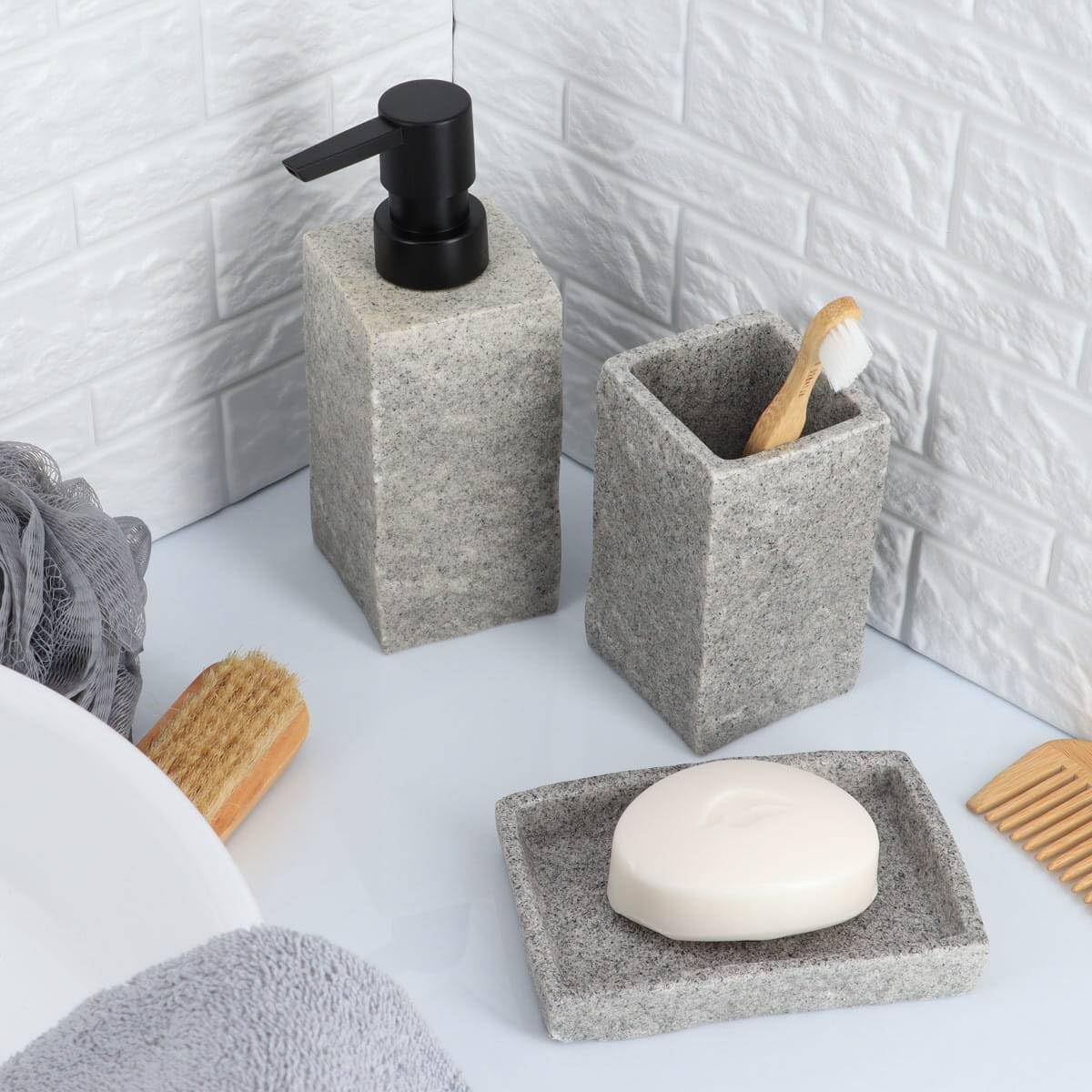 Tendance - Set di Dispenser per Sapone e Porta Sapone in poliresina Effetto Pietra - Grigio - Bagno - Accessorio da Bagno Indipendente