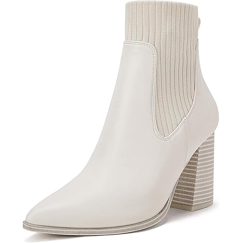 Coutgo Women Pointed Toe Ankle Boots Knit Sock Boot Chunky Block Stacked Mid Heel Comfortable Chelsea Booties Shoes