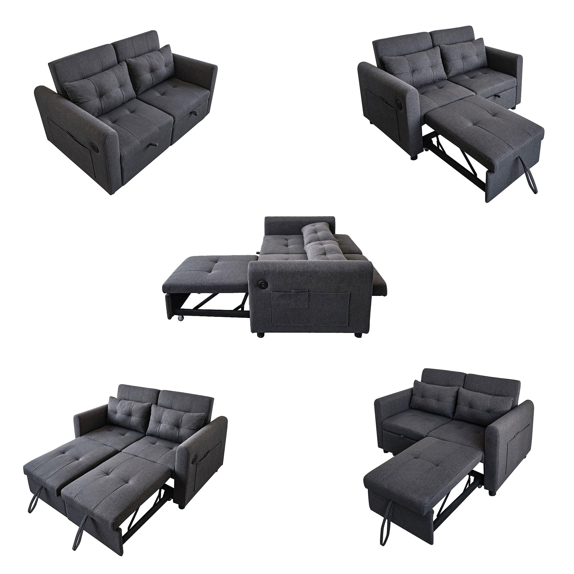 Lcoho Modernes Design: Loveseat-Sofa, 3-in-1-Ausziehsofa mit Verstellbarer Rückenlehne, USB, Armlehnentaschen und Kissen. Geeignet für Wohnzimmer, Schlafzimmer, Wohnung usw. (Gray)