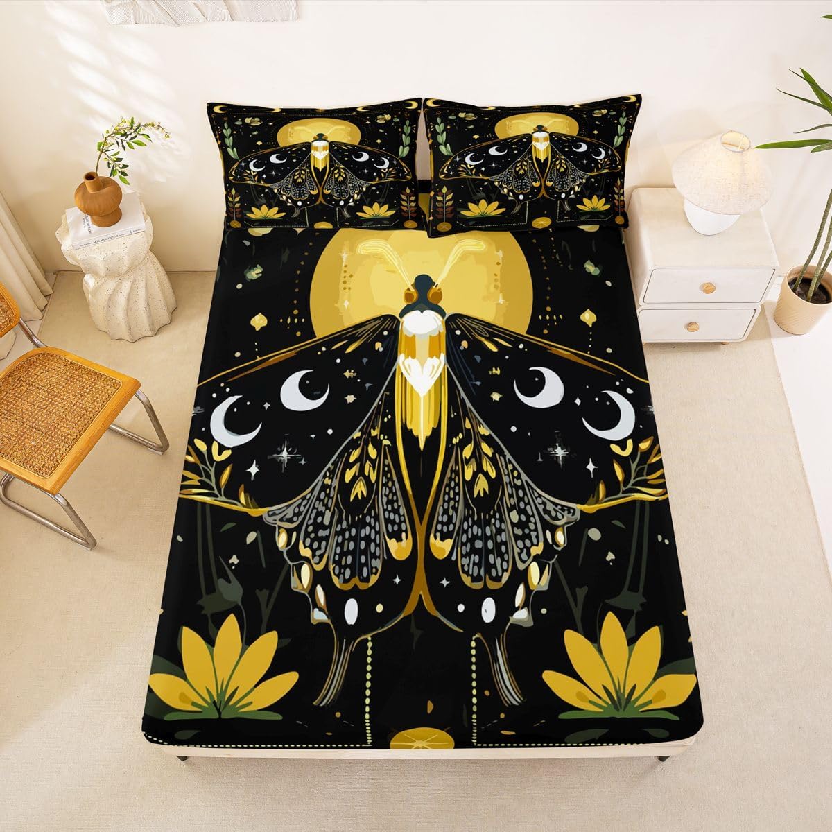 Erosebridal Yellow Gothic Moth Bed Sheets Queen Boho Starry Sky Moon Fitted Sheet Death Moth Goth Animal Bedding Set for Adults Men Women,Bohemian Floral Plants Bed Cover 3 Pcs
