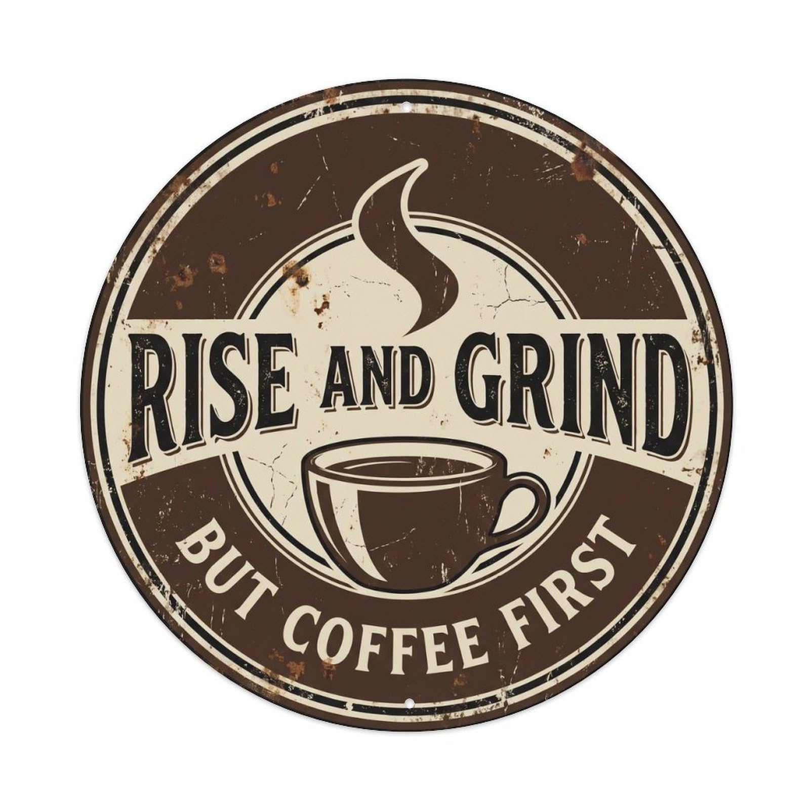 Cmhok Vintage Style Rise And Grind Vintage Round Wall Decor Retro Coffee Slogans Metal Tin Sign Plaque Wall Decor For Cafe, Club, Garden Round Metal Poster 8X8inch