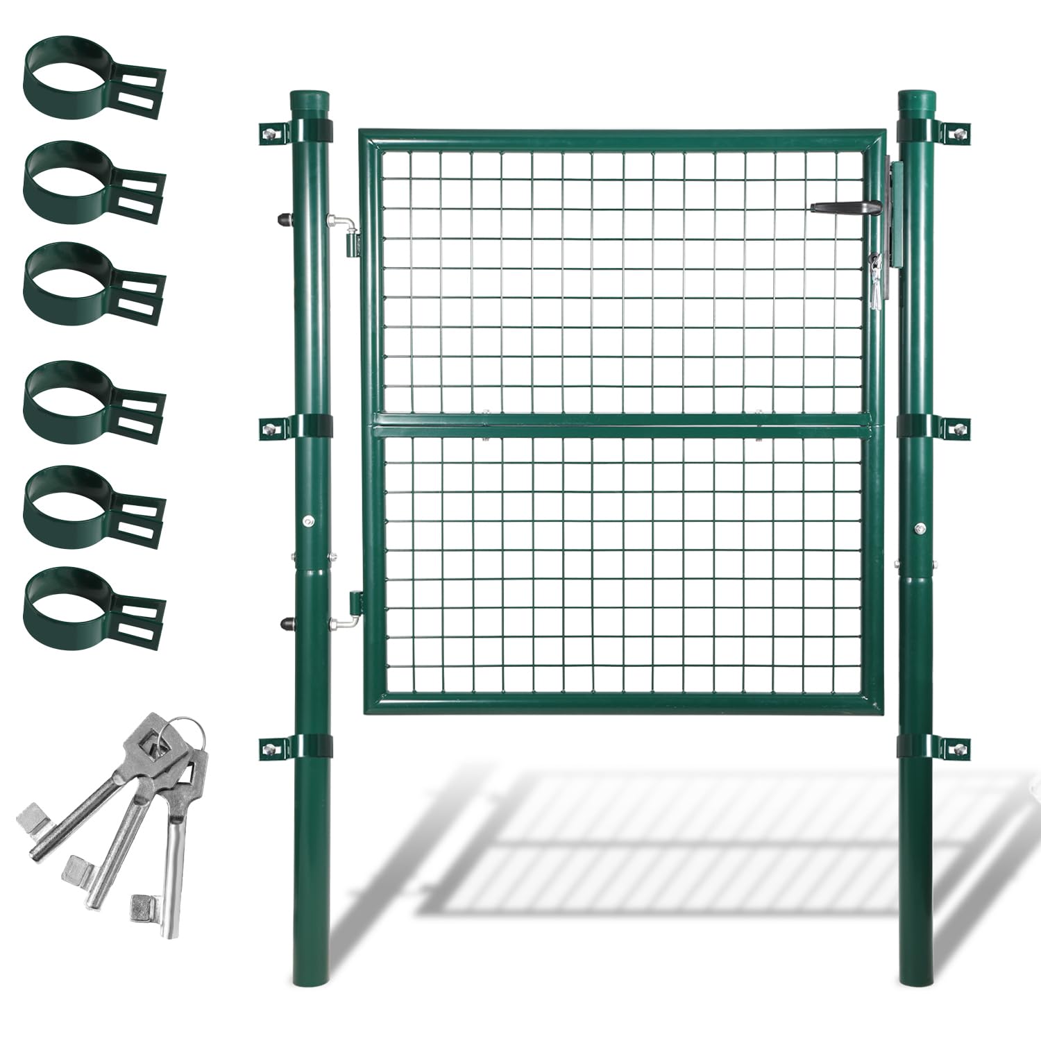 Fiqops Puerta de jardín, 100 x 100 cm, color verde, de acero galvanizado, incluye cerradura y 3 llaves, resistente a la intemperie, robusta y duradera