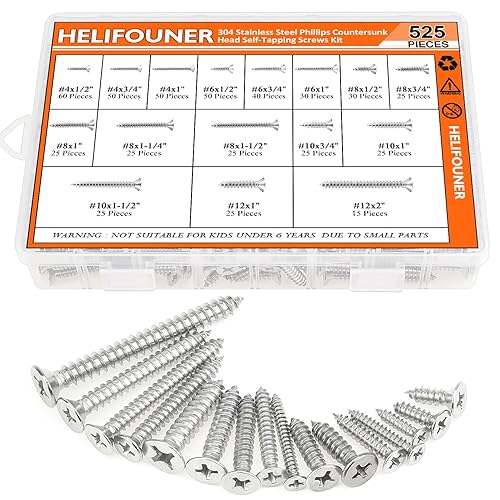 Miniatura 1 de Juego de 525 tornillos para madera #4#6#8#10#12, HELIFOUNER 16 tamaños Phillips cabeza avellanada tornillos autorroscantes surtido, tornillos de