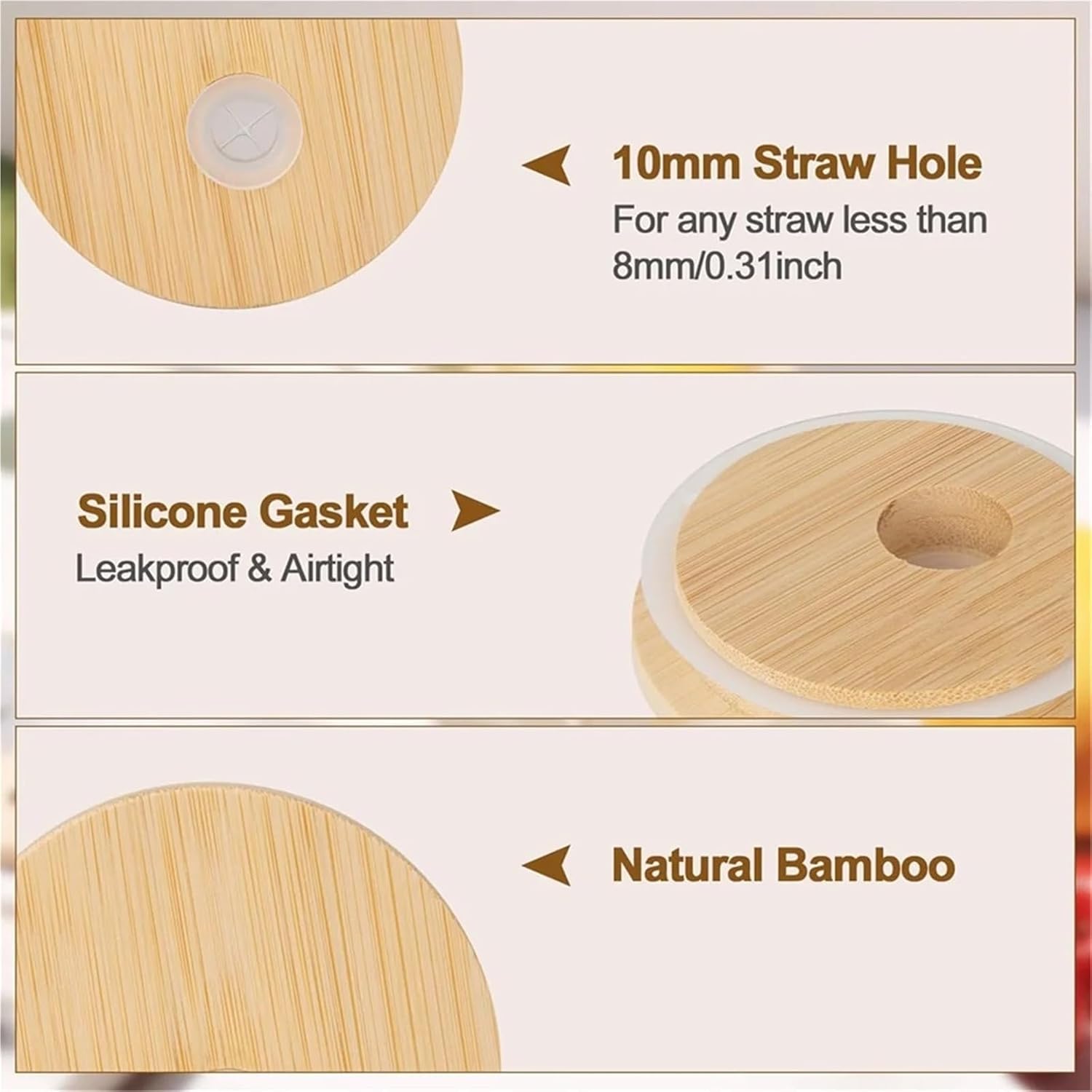 Bamboo Jar Lids 16pcs Bamboo Lids with Straw Hole, 2.76inch/70mm Canning with Silicone Ring For Yogurt Glass Jars