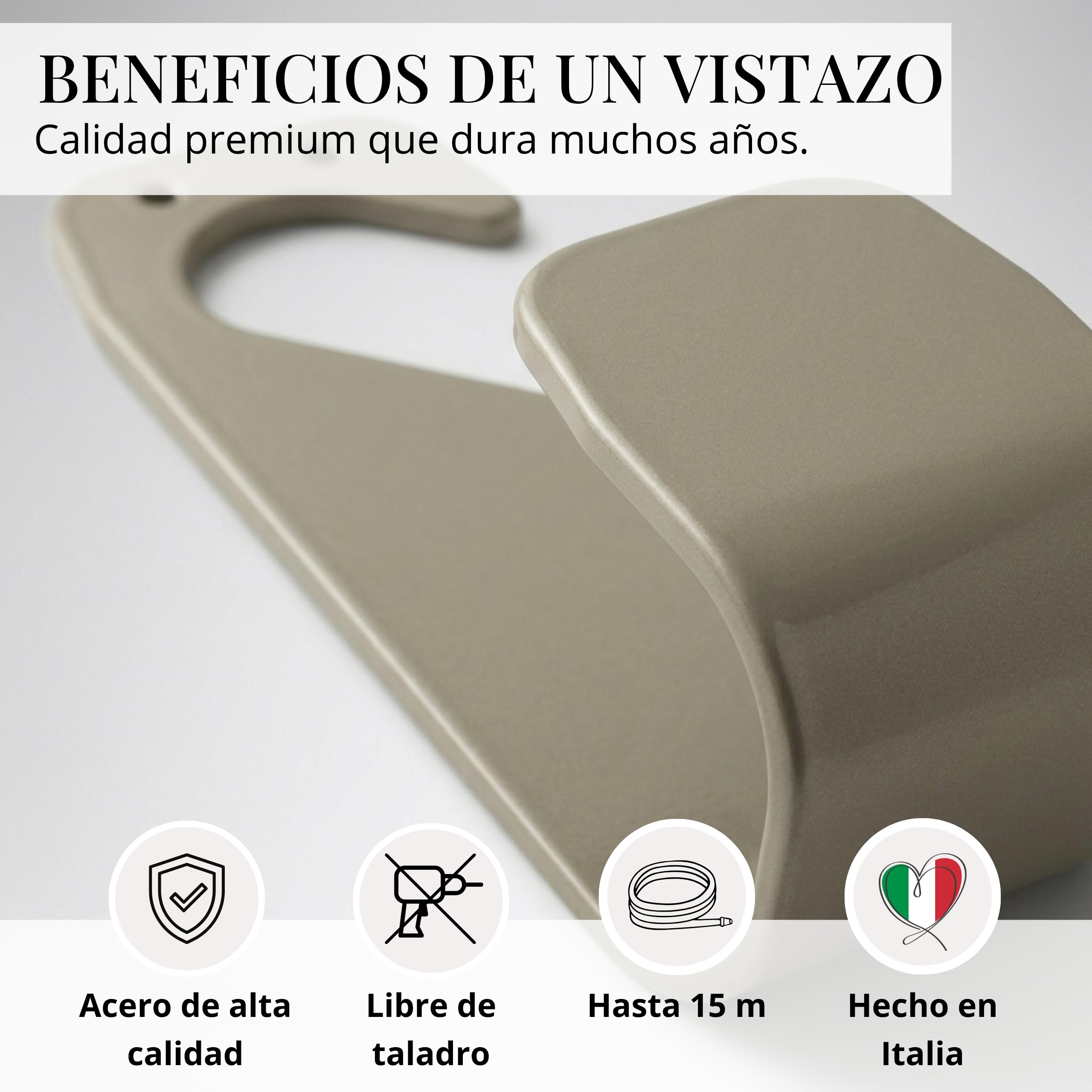 LIVLIG Gancho Soporte Manguera Jardin sin Taladrar - Portamangueras Pared Metal para 10m Manguera Riego / 20m Manguera Flexible - Fabricado en Italia - Beige