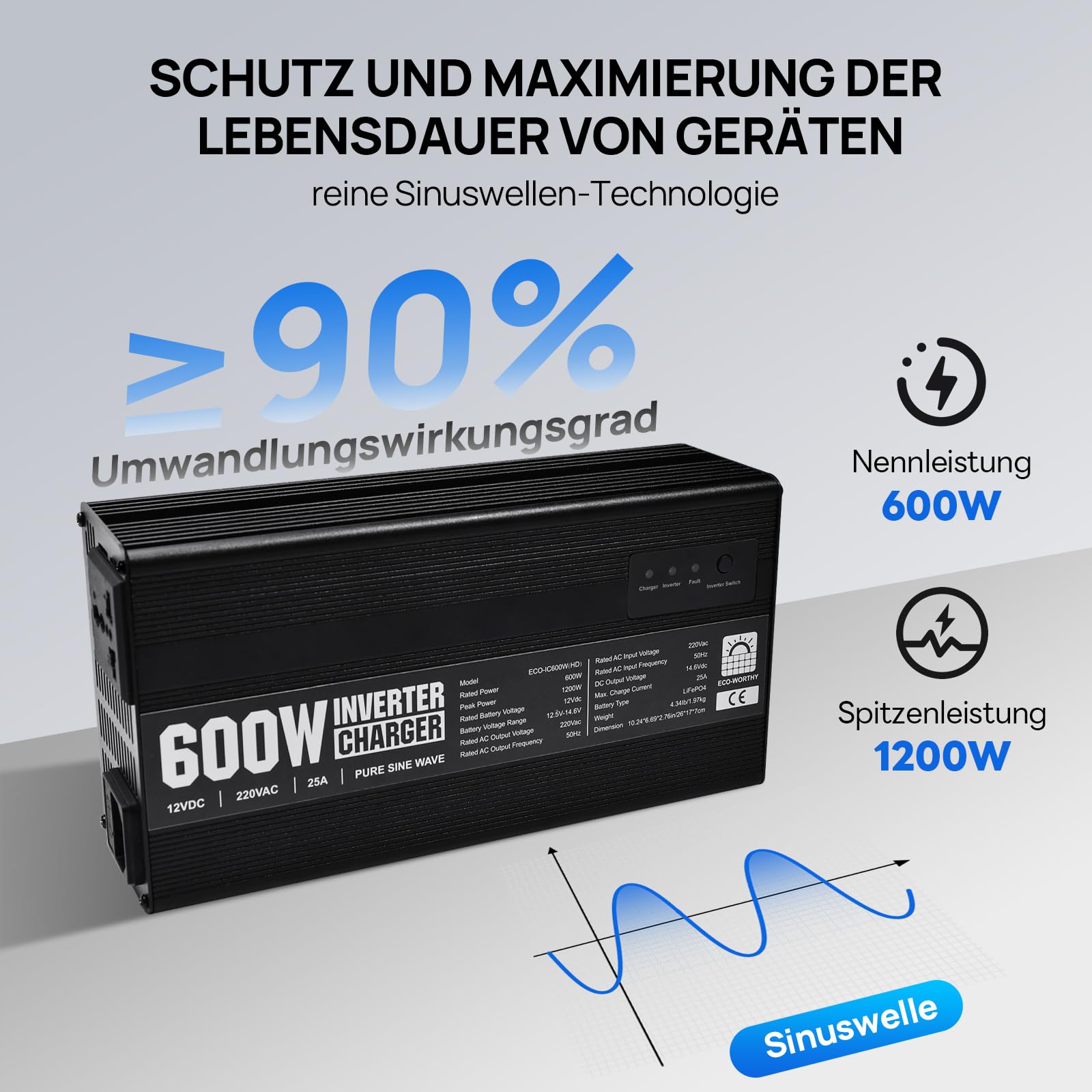 ECO-WORTHY Cargador LiFePO4 14,6V 25A con inversor 600W 12V a 230V, Circuito de prioridad de Red y función UPS, para batería LiFePO4 de Ciclo Profundo, Coche, camión, Turismo