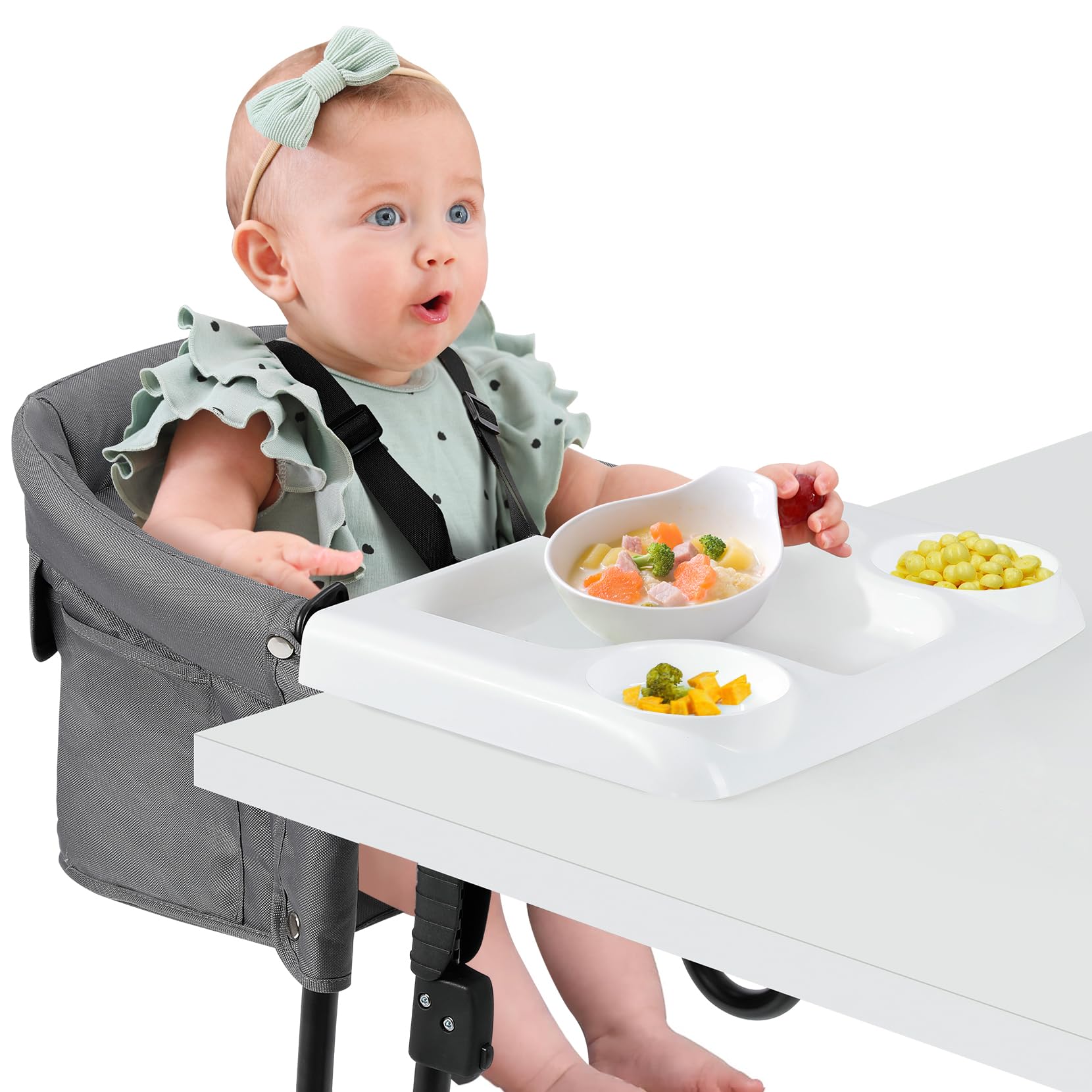 Ezebaby Seggiolone da tavolo pieghevole con cintura di sicurezza a 5 punti e borsa per il trasporto di spessore da 2,5 a 7,5 cm (grigio, con vassoio)