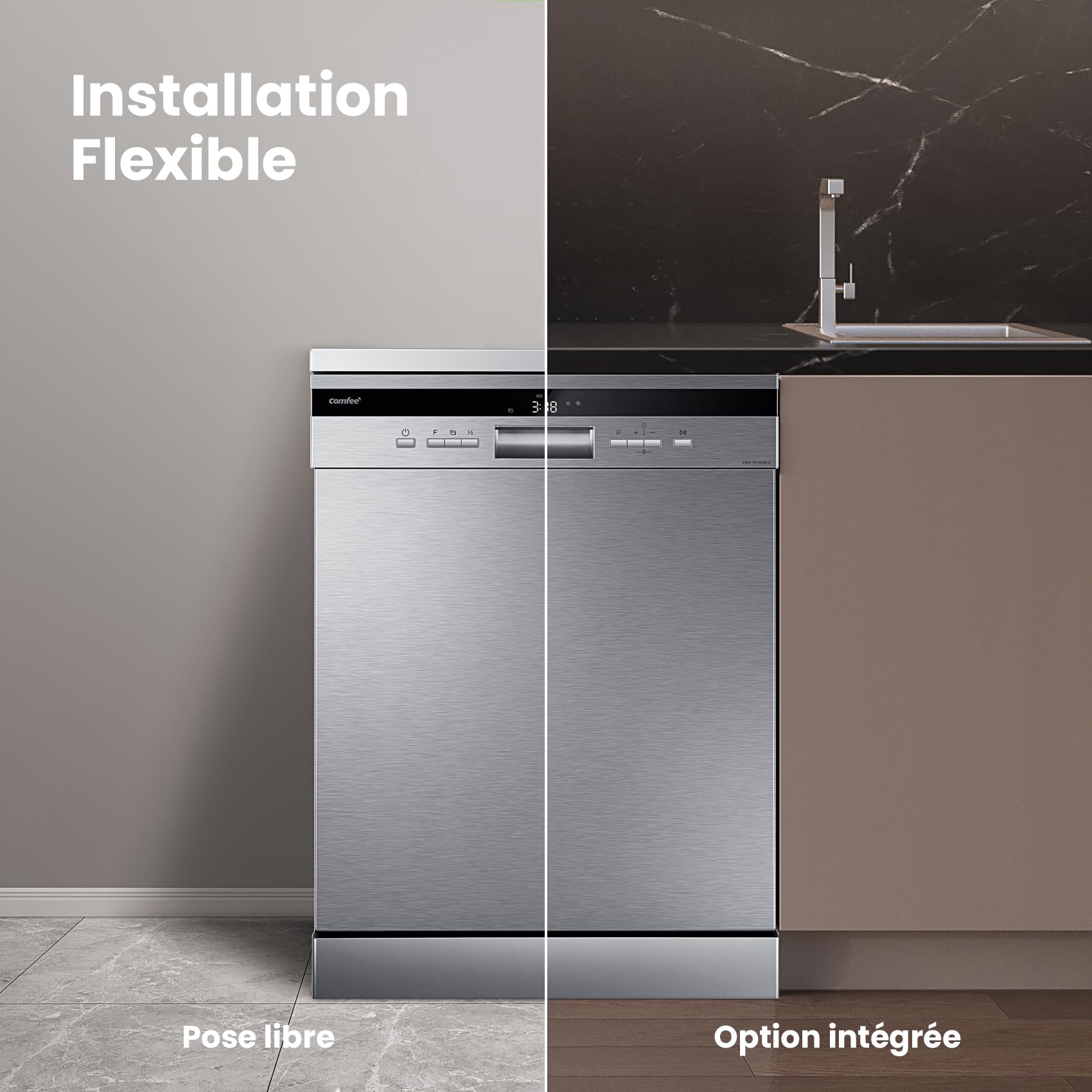 Lave-vaisselle pose libre COMFEE' FD1435E-X 14 couverts 44 dB acier inoxydable