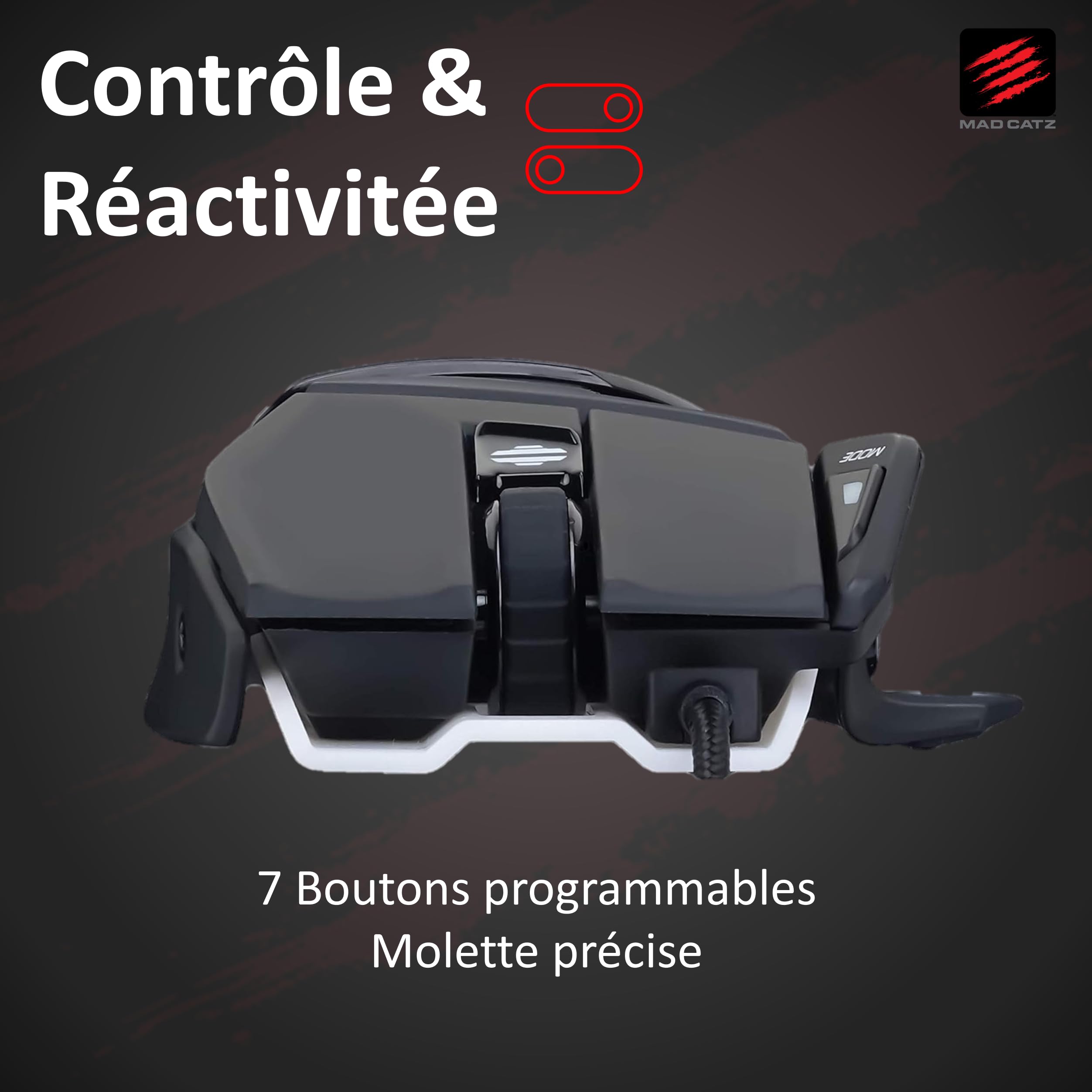 Mad Catz Rat 4+ Souris Gamer Filaire USB - Souris Ergonomique 7 Boutons Programmables - Capteur Optique Pixart PMW3330 7200 DPI - Souris Gaming Pour Pc Noir Avec Led Rouge Et Repose Poignet Reglable