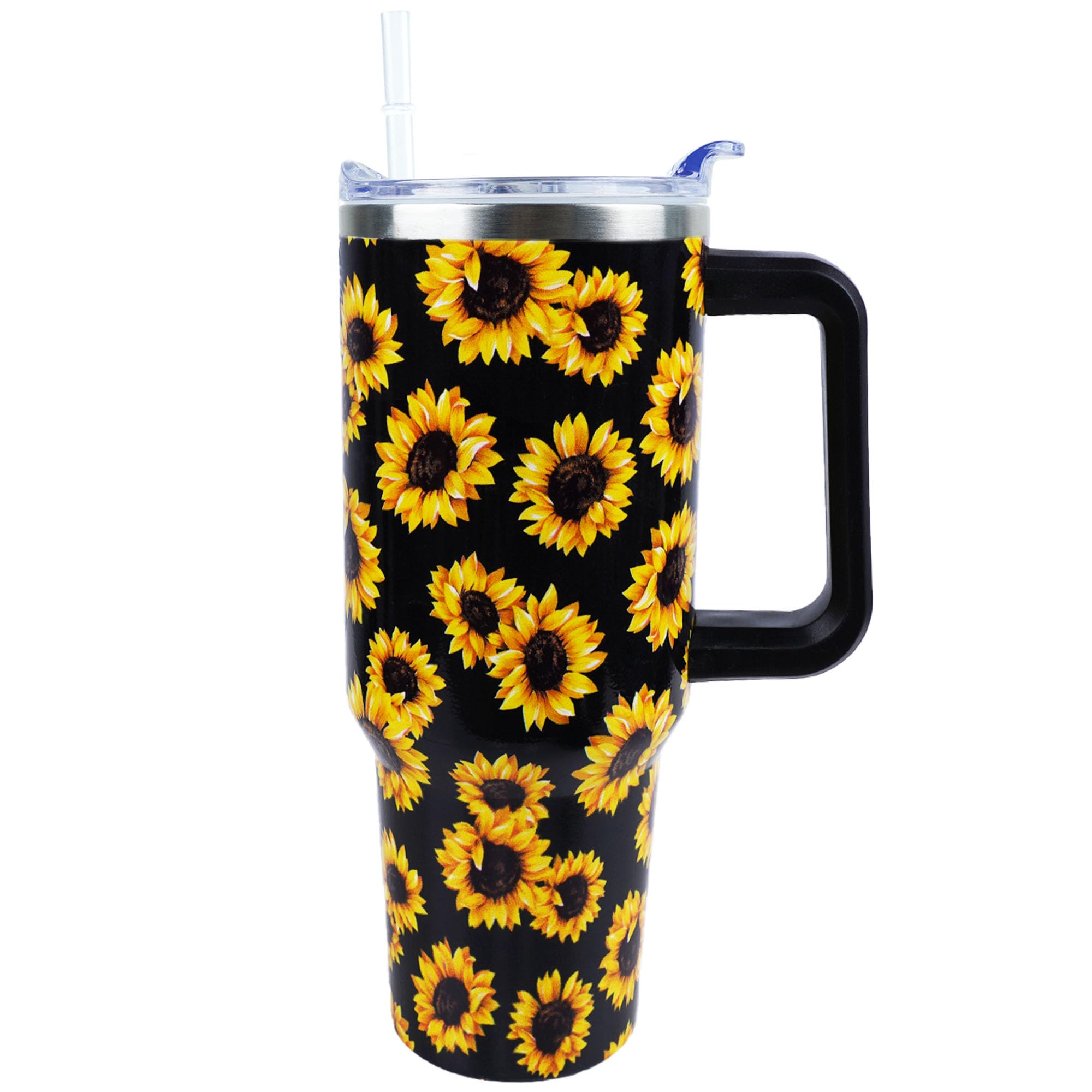 Sunflower Tumbler 40 oz With Handle and Straw Lid - Leak Proof Insulated Travel Cup for Hot Cold Ice Drinks - Mother's Day Birthday Gifts for Women