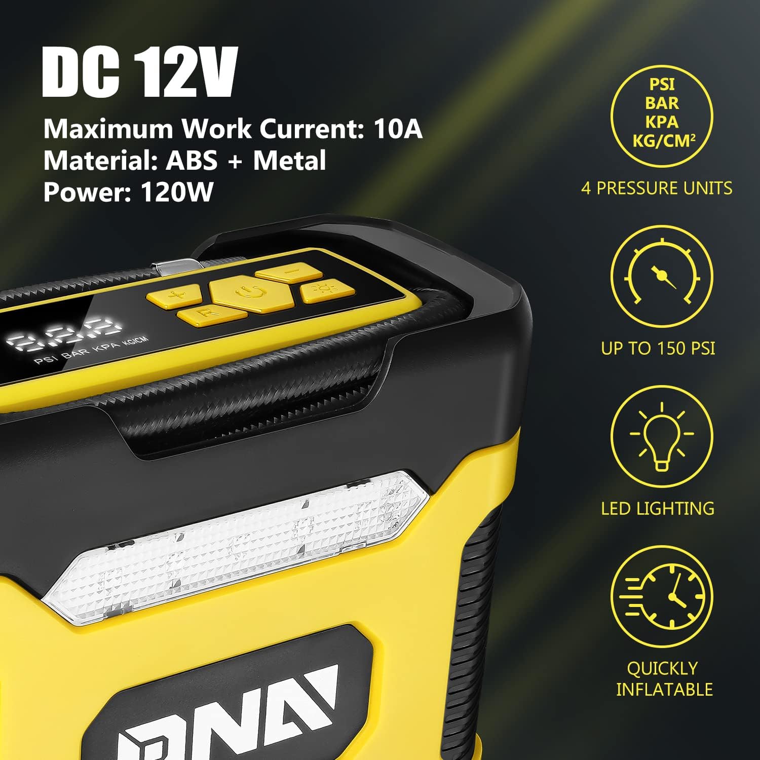 DNA MOTORING TOOLS-00211 Yellow 12V DC Digital Tire Inflator Portable Air Compressor with Pressure Gauge for Cars, Bicycles, Motorcycles,Balls - Image 2