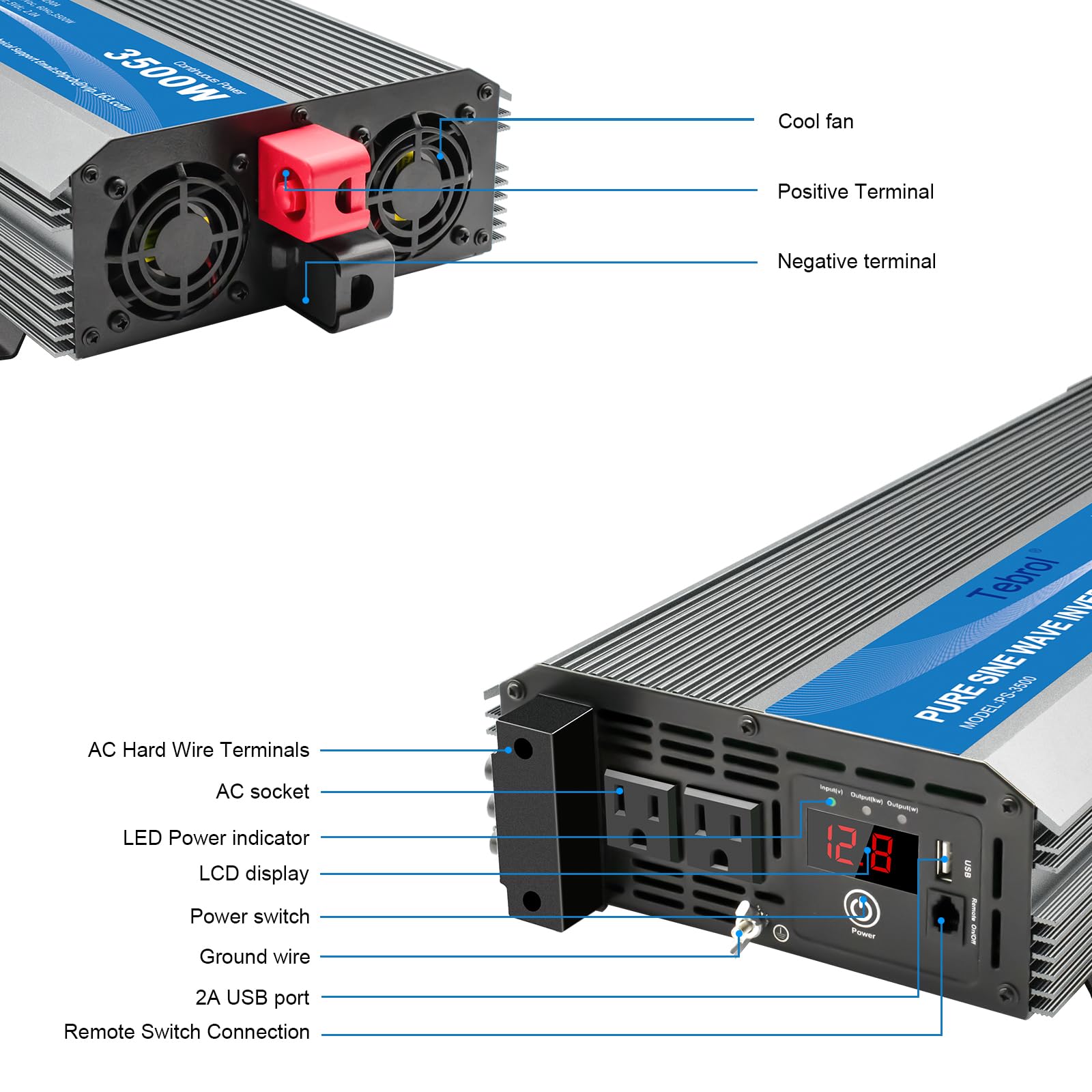 Tebrol 3500W Pure Sine Wave Inverter 12V DC to 120V AC Converter for Home, RV, Truck, Off-Grid Solar Power Inverter with Built-in 5V/2.1A USB, AC Hardwire Port, Remote Controller
