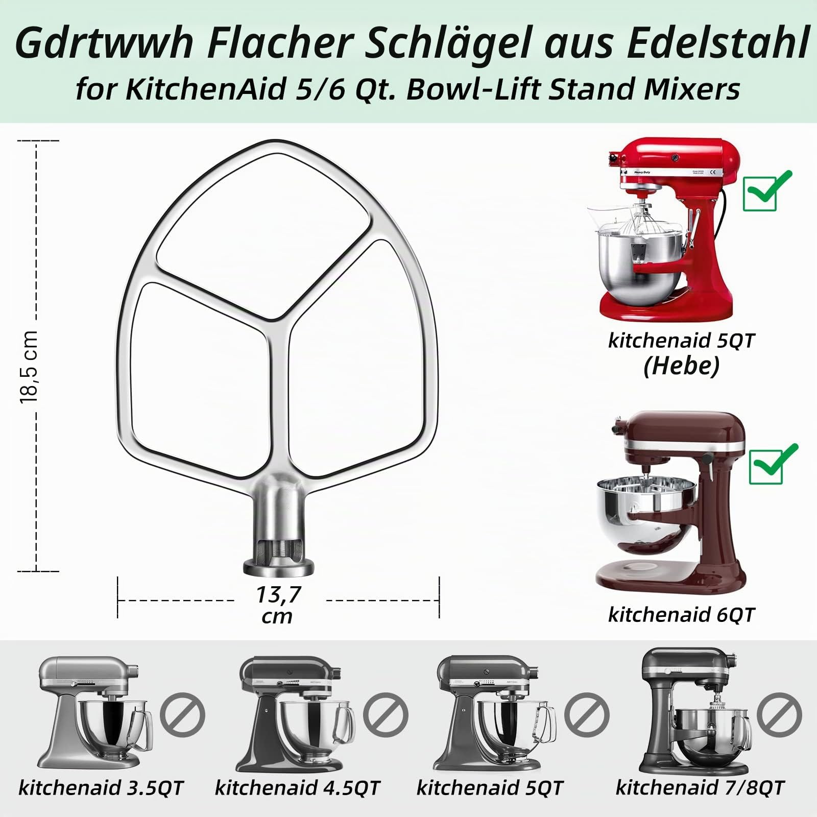 Gdrtwwh Edelstahl-Flachrühraufsatz für KitchenAid 5 & 6 Quart Bowl-Lift Mixer Backen - Gebäck Teig Teig Rühren Zubehör (spülmaschinenfest)