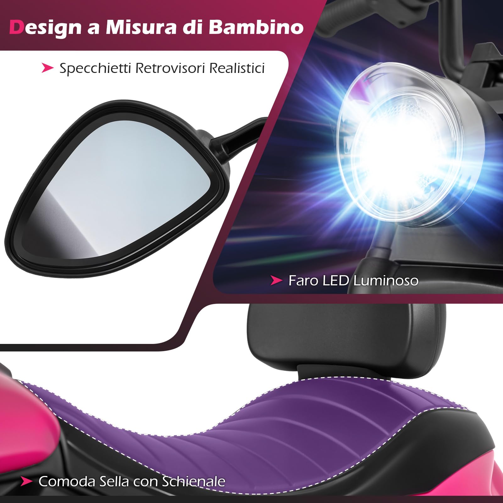 COSTWAY Moto Elettrica per Bambini, 6V Moto Cavalcabile con 2 Ruote di Supporto, Pedale, Fari e Musica, 2,4 km/h, per Bambini 3 Anni+, 79x58x56 cm (Rosa)