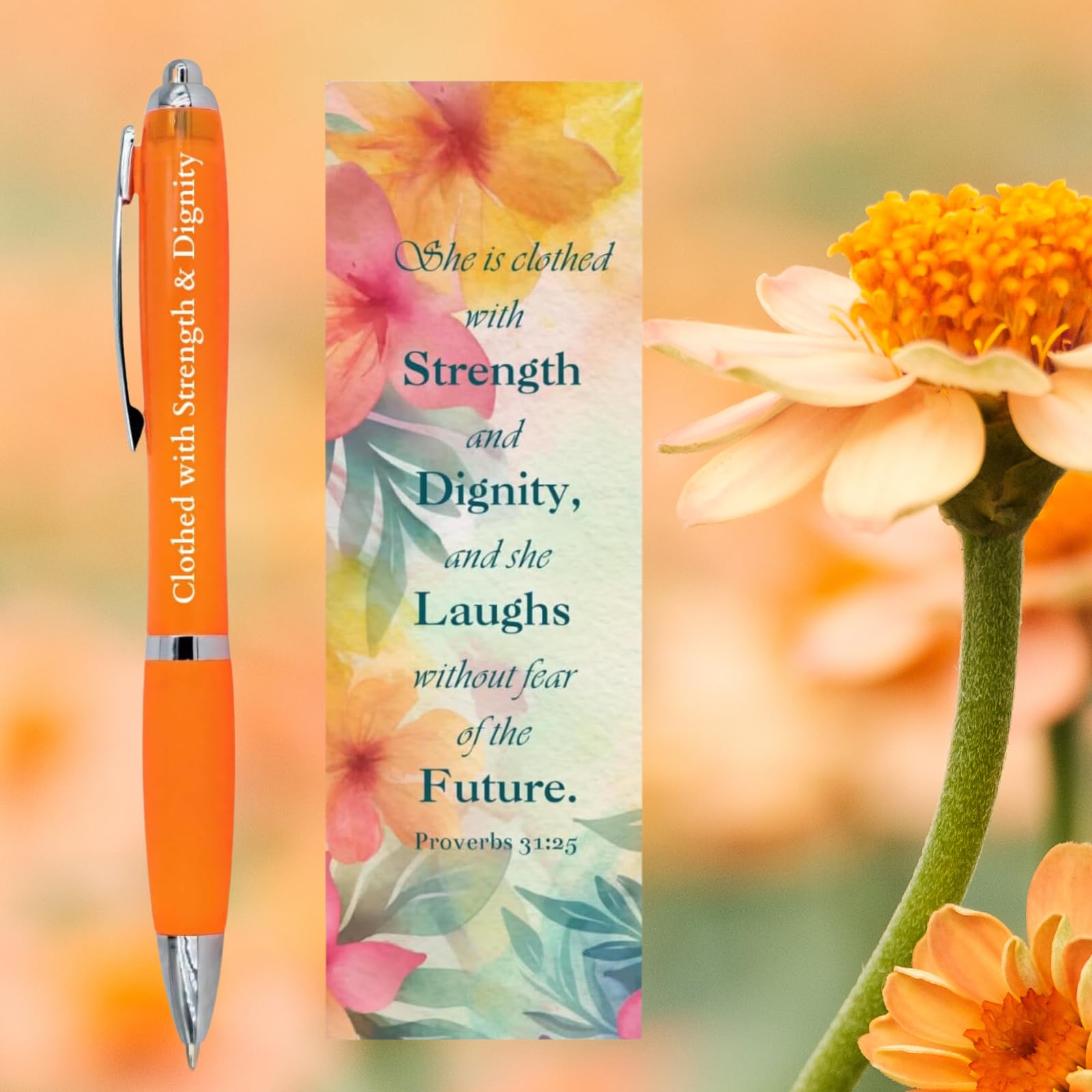 Zestaw 10 sztuk 'She is Clothed with Strength and Dignity' długopis i zakładka zestawy upominkowe religijne chrześcijańskie inspirujące kobiety werset biblijny przysłowia 31 25 kwiatów