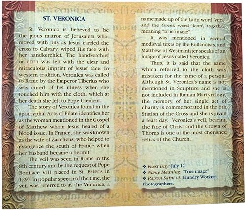 William J. Hirten Tarjeta Santa Católica Deluxe con Oraciones Tradicionales (Santa Verónica)