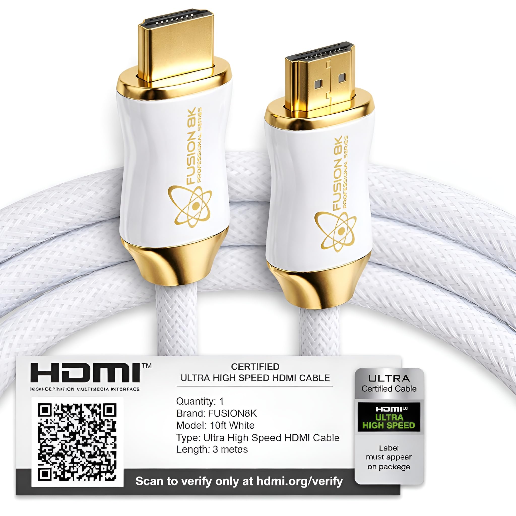 Fusion8K Cavo HDMI 2.1 bianco, 3 m, certificato 48 Gbps, 8K a 60 Hz, 4K a 120 Hz, 10 K, HDR Dolby Vision eARC, cavo intrecciato per PS5, Xbox Series X, Apple TV 4K