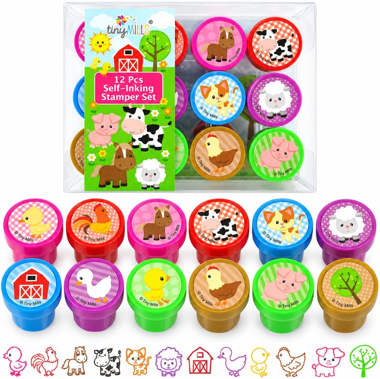 TINYMILLS 12 Pcs Farm Animals Stamp Kit for Kids - Farm Animals Barnyard Self Inking Stamps Gift Party Favors
