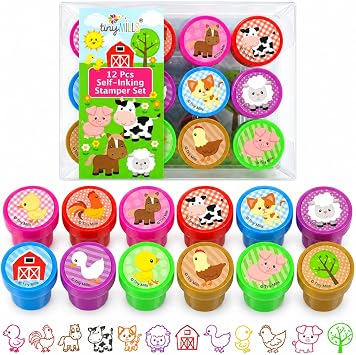TINYMILLS 12 Pcs Farm Animals Stamp Kit for Kids - Farm Animals Barnyard Self Inking Stamps Gift Party Favors