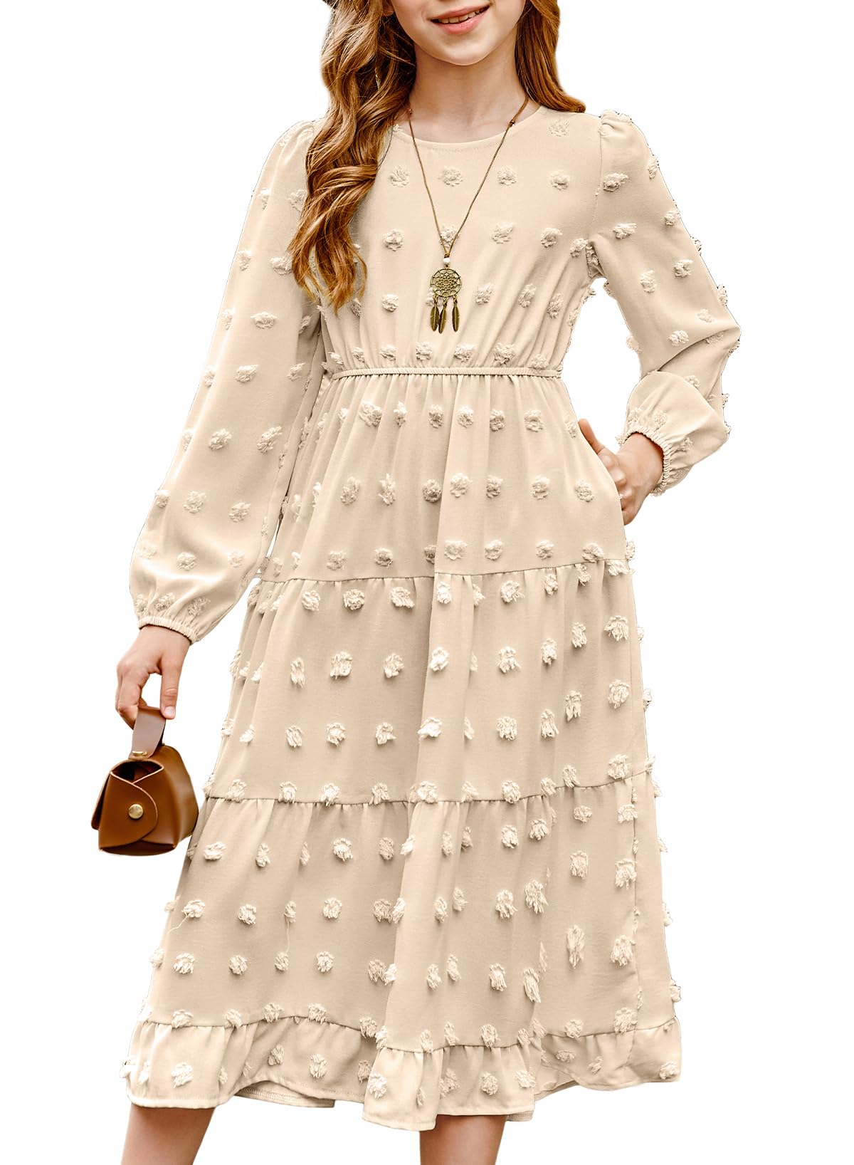 blibean Tween Girls Fall Maxi Dresses Long Sleeve Polka Dot Outfits with Pockets 6-15 Years