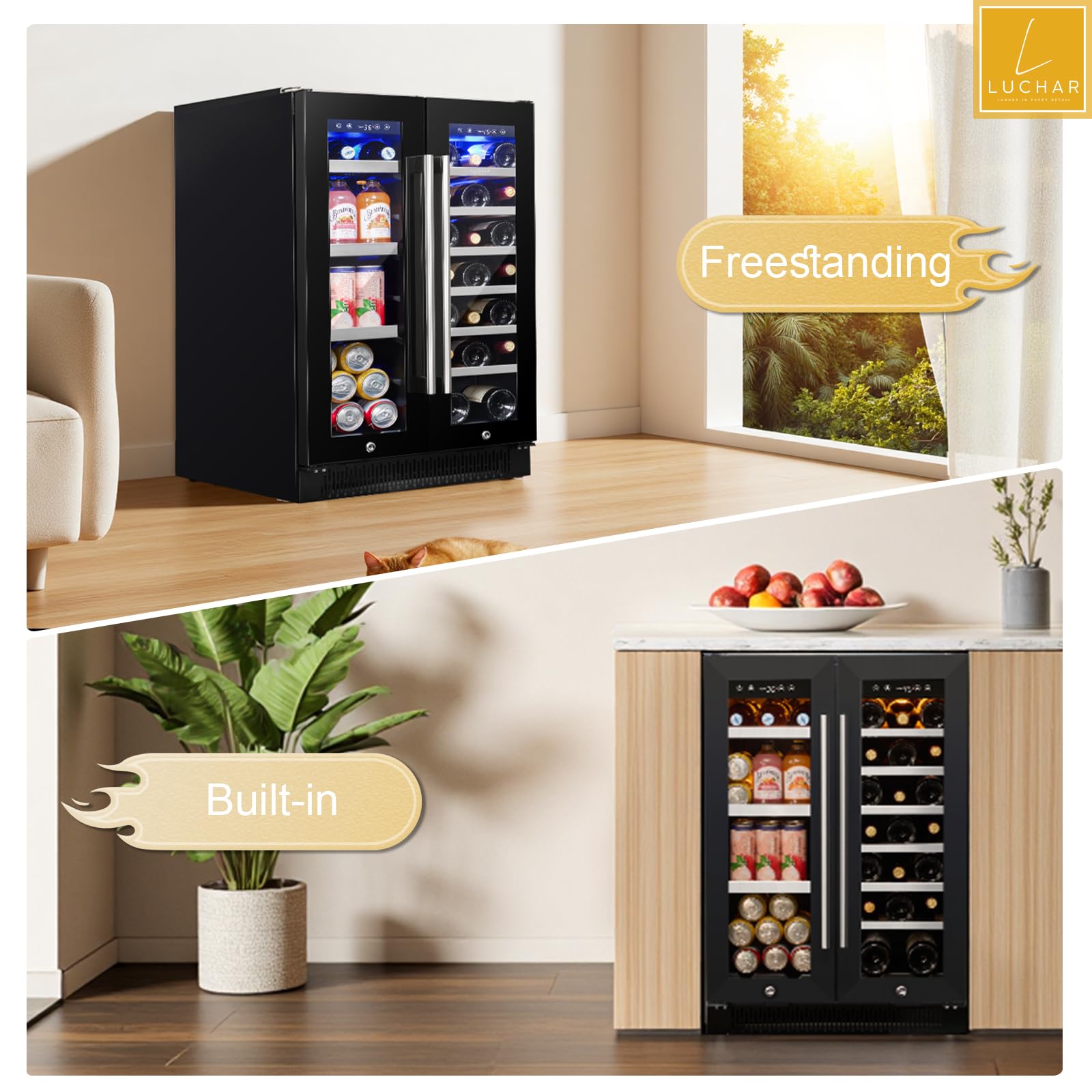 24 Inch Wine And Beverage Refrigerator, Dual Zone Wine And Drink Fridge With Glass Door&Lock For 20 Bottles And 60 Cans, Under Counter Wine Cooler Refrigerator Built-In Counter Or Freestanding on Fridge.com - View 6