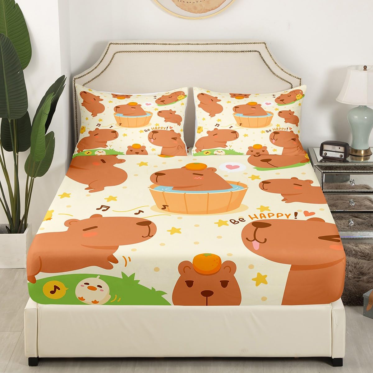 Set di biancheria da letto con angoli Capybara marrone con motivo a fumetti Capybara Set di lenzuola per bambini ragazzi ragazze floreale Capybaras copriletto Decor camera in microfibra set letto sin