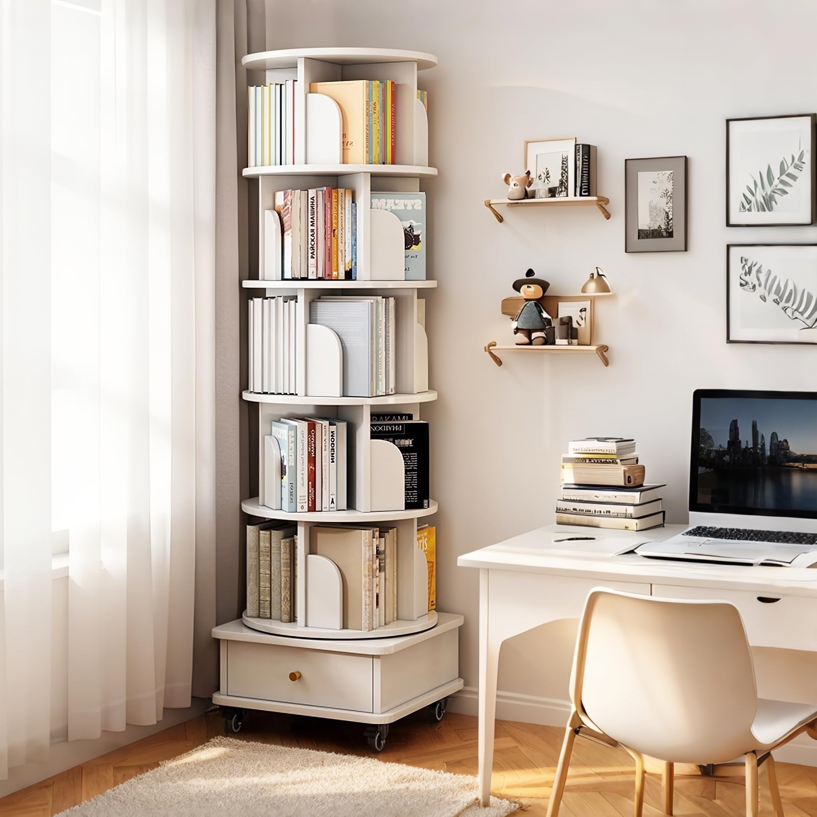 Hanzim 6 Tier Rotating Bookshelf, 360° Display Round Spinning Bookshelf with Wheels and Drawer, Space-Saving, Small Space Rotating Tower for Bedroom, Living Room, Home, Office, Warm White