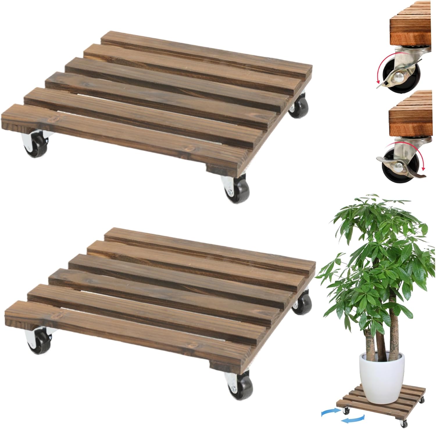 Plant Caddy 2Pcs 12in with Lockable Caster Wheels Square Wooden Plant Stand 360-degree Rotating Flower Pot Stand for Indoor Outdoor Home Garden Furniture Dolly