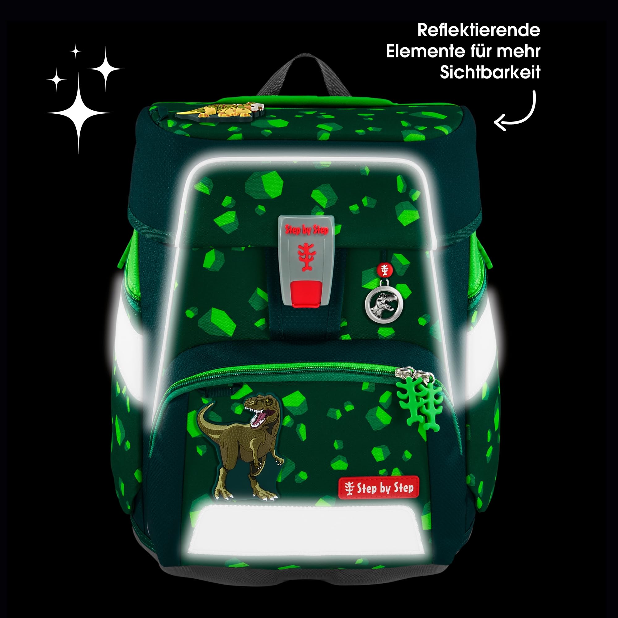 Step by Step Schulranzen-Set SPACE „Dino Targo“ 5-teilig, grün, Dino-Design, ergonomischer Tornister mit Reflektoren, höhenverstellbar mit Hüftgurt für Jungen ab der 1. Klasse, 20L