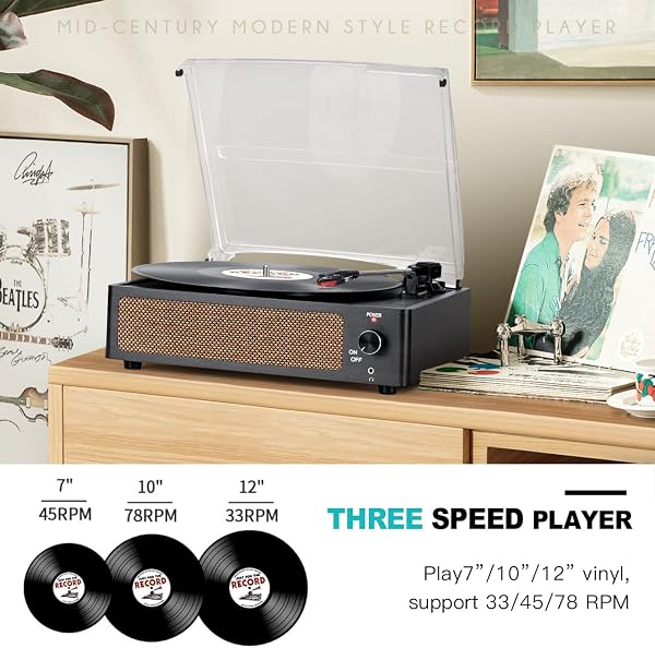 seasonlife Vinyl Record Player with Speaker Vintage Turntable for Vinyl Records, Belt-Driven Turntable Support 3-Speed, Wireless Playback, Headphone, AUX-in, RCA Line LP Vinyl Players for Sound Enjoyment Black Black / Black in use