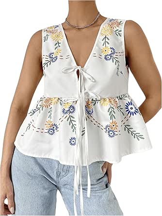 WDIRARA Women's Floral Print Crop Top - Tie Shoulder Square Neck Sleeveless Blouse
