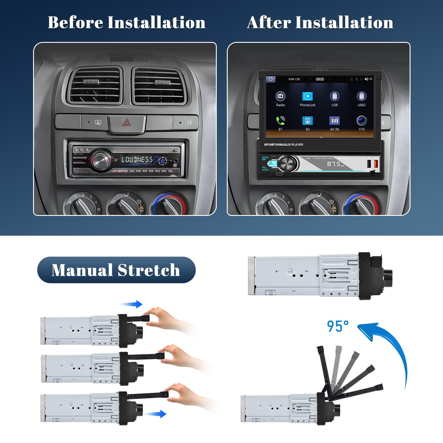 Hikity 7" 1 DIN CarPlay Autoradio avec Bluetooth FM Caméra de Recul | Écran Tactile Android Auto Wireless CarPlay Mirror Link EQ Commandes au Volant Mains Libres USB AUX
