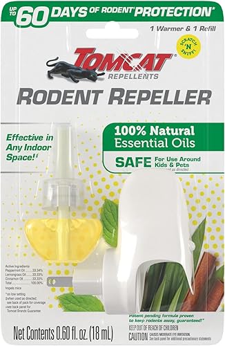 Tomcat Repelente de Roedores con Aceite Esencial Enchufable con Aceite de Citronela, Canela y Menta, 1 Calentador y 1 Recarga Blanca