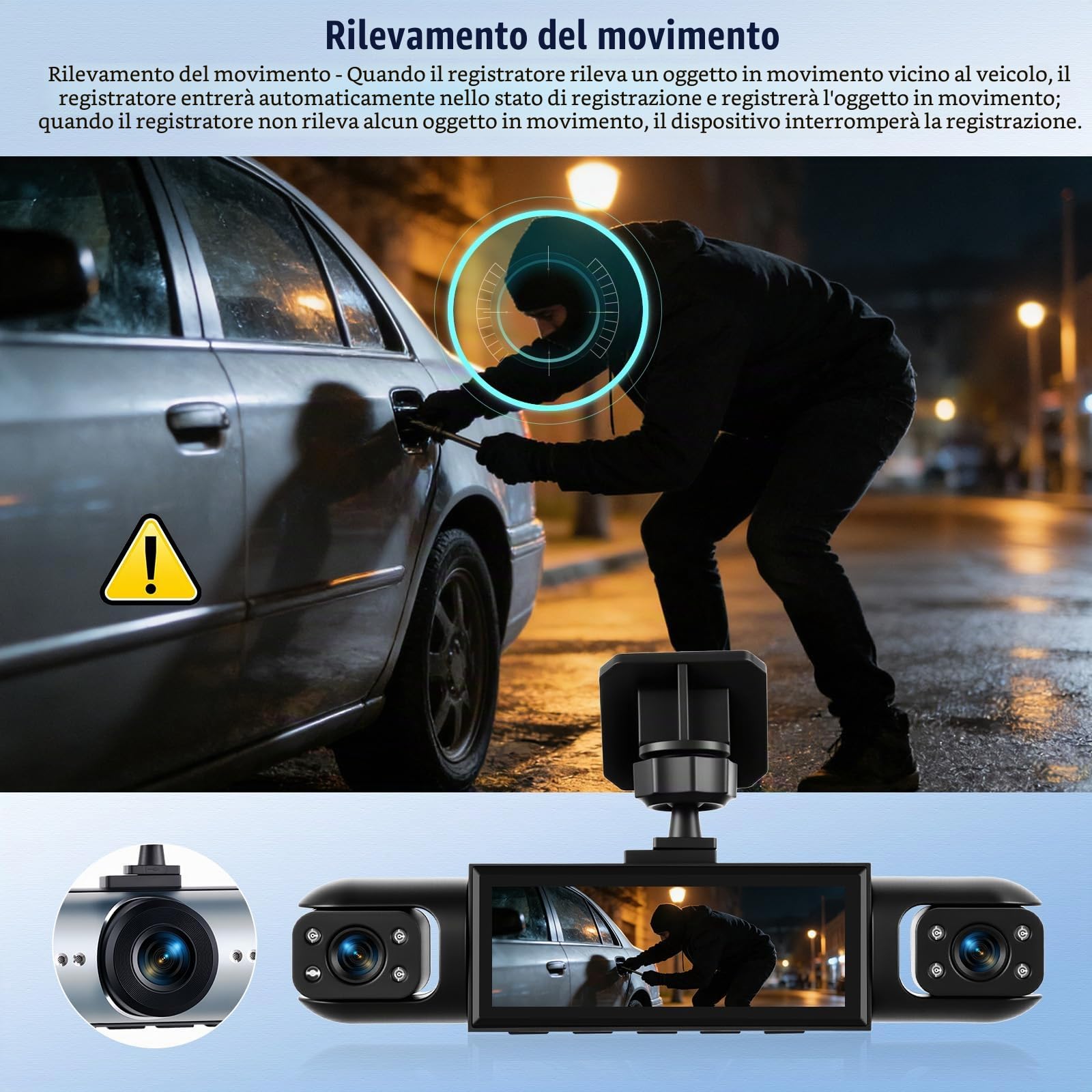 Telecamera per auto dash cam da 3,16 pollici 1080P, visione a 360° con 3 telecamere - monitoraggio del parcheggio con rilevamento del movimento e visione notturna