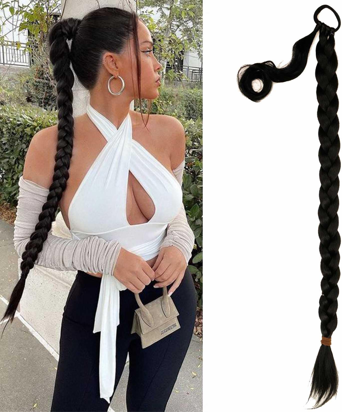 Long Braid Ponytail Extension with Elastic Tie Black Straight Sleek Wrap Around Braid Hair Extensions Synthetic Drawstring Ponytail for Women Daily Wear (34 Inch, Black)