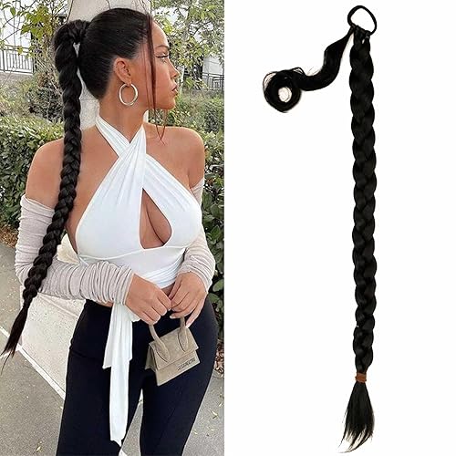 Extensión de cola de caballo de trenza larga con lazo elástico, extensiones de cabello trenzado liso negro elegante envolvente, cola de caballo