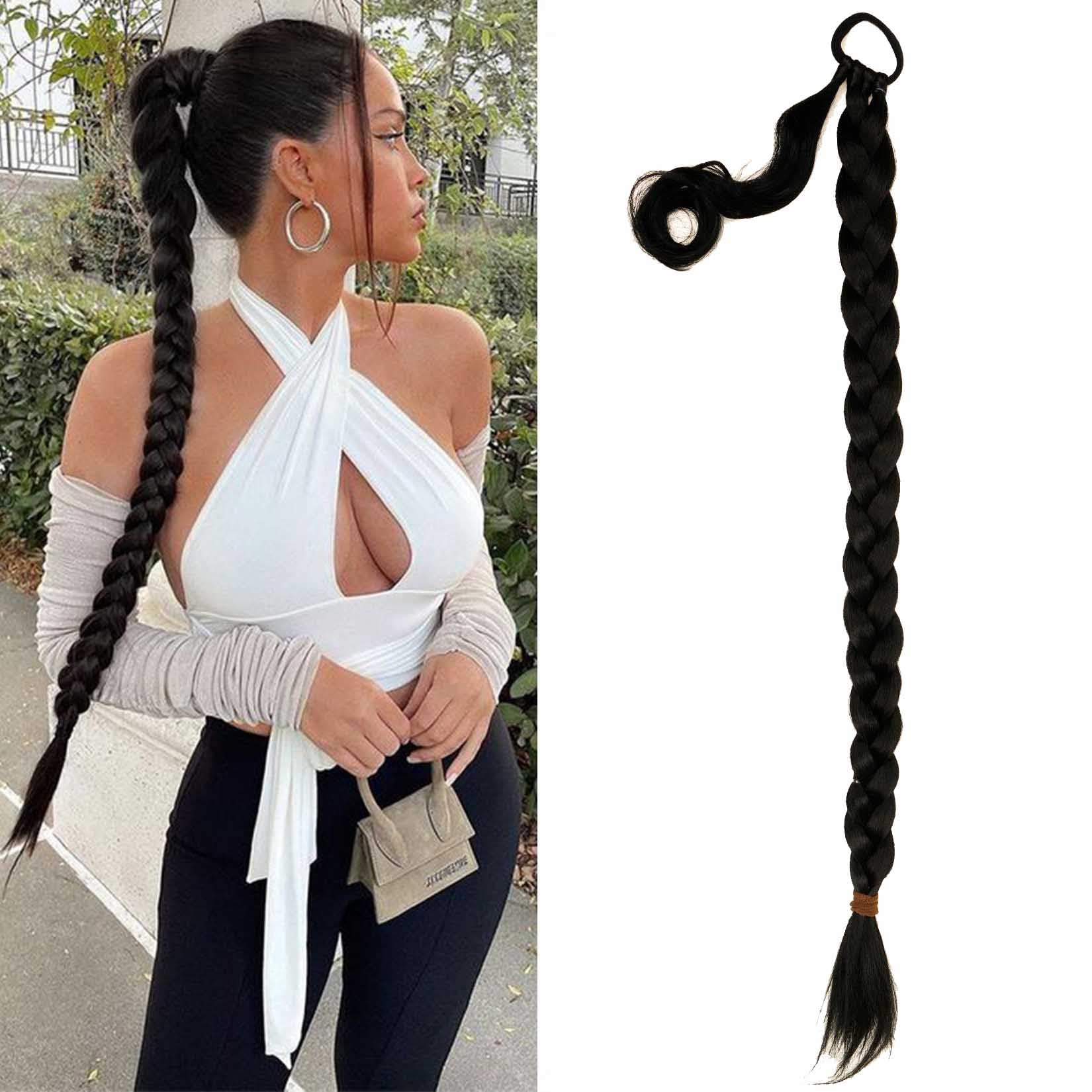 Long Braid Ponytail Extension with Elastic Tie Black Straight Sleek Wrap Around Braid Hair Extensions Synthetic Drawstring Ponytail for Women Daily Wear (34 Inch, Black)