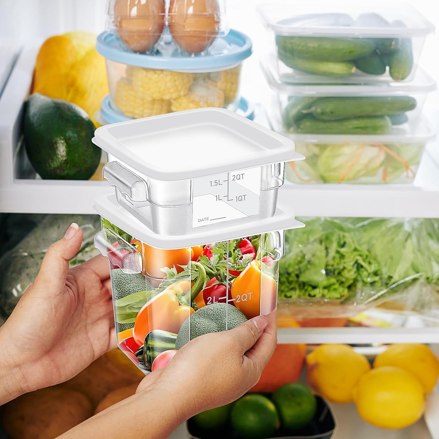Set di 4 contenitori per alimenti con coperchio, 2 e 4 litri, in plastica trasparente, con manici per bilance, per casa, ristorante, frigorifero, congelatore, cucina, salamoia, pasta, marinare la